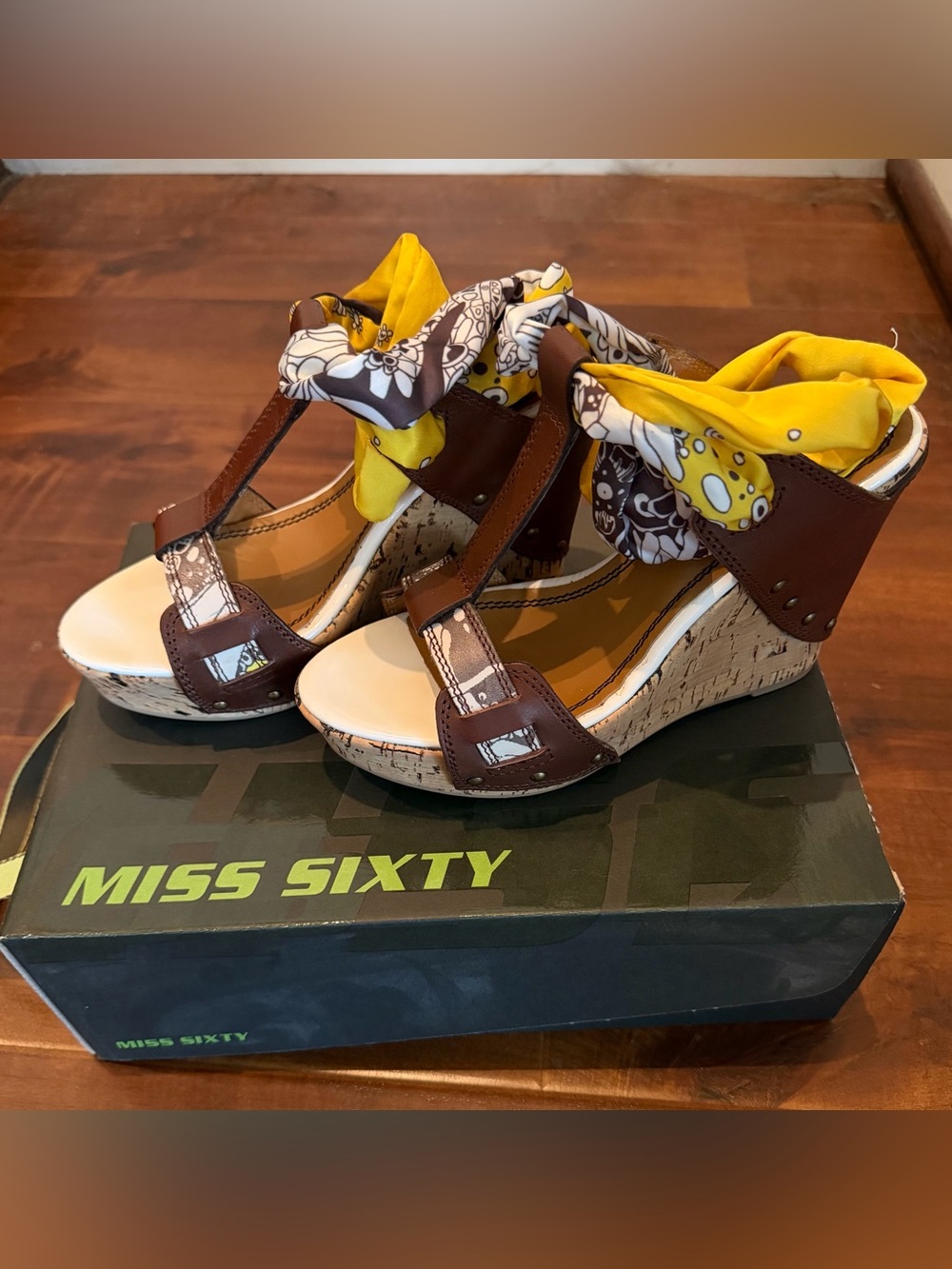 Miss Sixty Brown Wedge Sandals with Yellow Scarf Detail